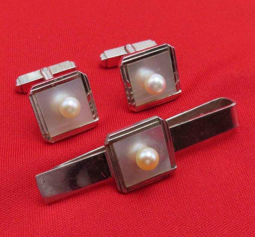 Caribe Sterling Silver Vintage Cufflinks Tie Bar Set White Pearl Cuff Links 252h