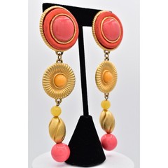Vintage Statement Dangle Earrings Coral Orange Brushed Gold Beaded Chunky BinBK