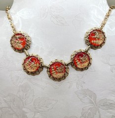 Vtg Goldtone Filigree Encased Glass Asian Man Rickshaw Round Link 17″ Necklace