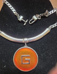 Vintage Givenchy Orange Enamel G Logo Torque Collar Choker Necklace Fair Cond