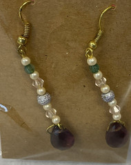 Used Vintage Gold Tone Dangle Earrings with Faux pearls and Faux Amethyst Stones
