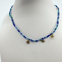 Blue Beaded Celestial Star Charm Necklace Boho Festival Layering Statement Gift