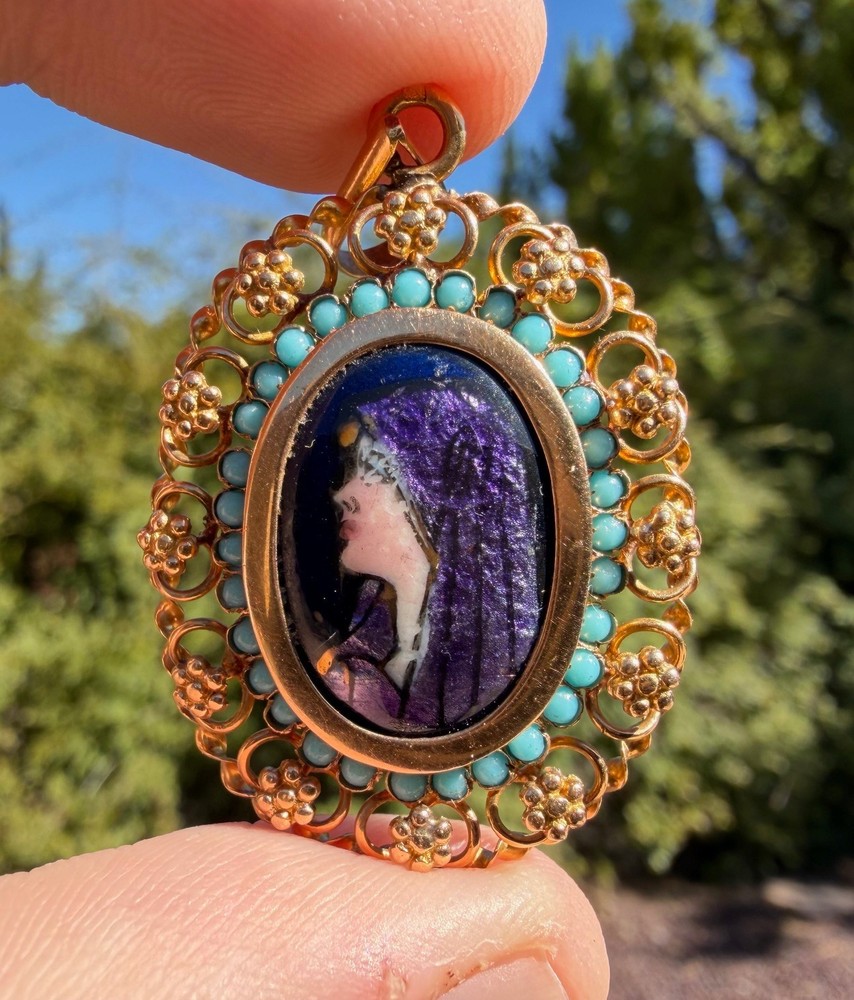 Antique 19k Solid Yellow Gold Filigree Enamel Cameo Turquoise Pendant Portugal