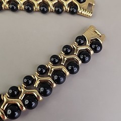 Vintage Beaded Necklace Black Gold Tone Collar Choker SHORT 14.5″