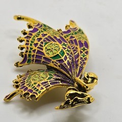 Enamel Fairy Brooch Pin Purple Green Gold Tone Fantasy Winged Figural Costume