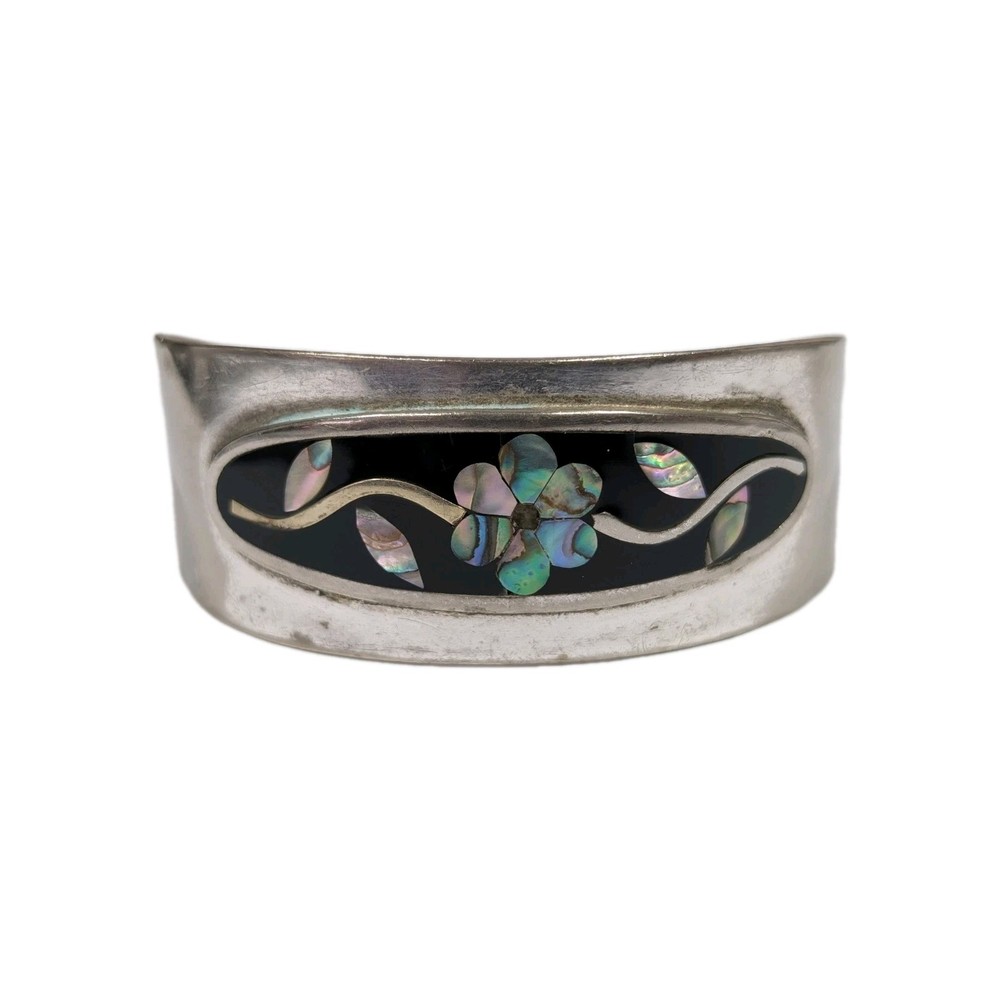 Vintage Alpaca Mexico Flower Vine Abalone Mother Of Pearl Onyx Cuff Bracelet