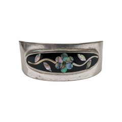 Vintage Alpaca Mexico Flower Vine Abalone Mother Of Pearl Onyx Cuff Bracelet