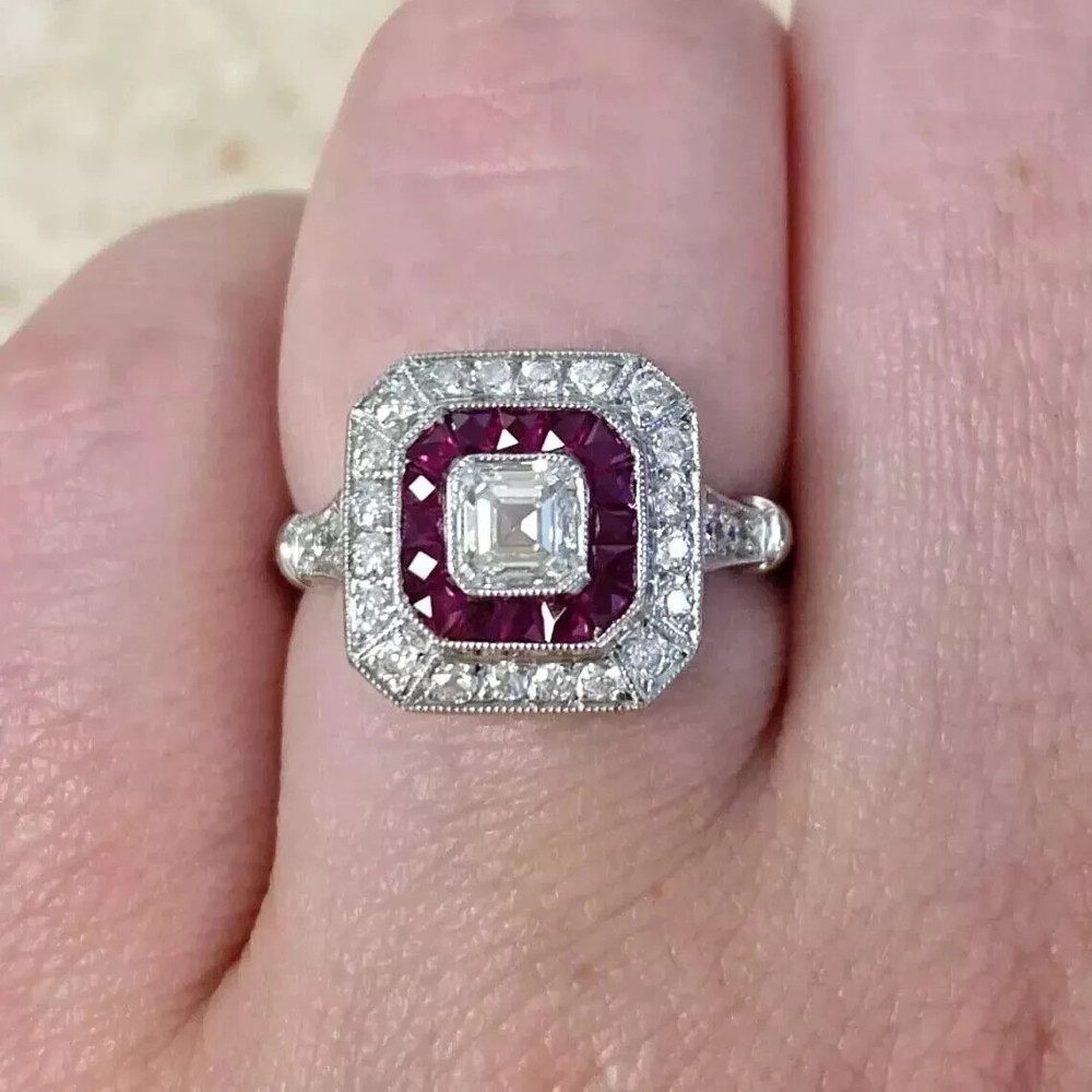 2.50Ct Art Deco Style Asscher Lab-Created Diamond & Ruby Wedding 925 Silver Ring
