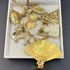Custom Vintage Estate Assemblage Necklace & Charms: Buddha, Fan, in Mixed Metals