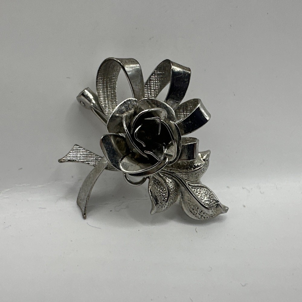 Sterling Silver JJJ Rose Flower Ribbon Brooch Pin Pendant (3.12g)