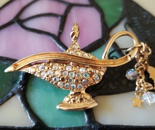 Vintage Kirk’s Folly Magic Aladdin Genie Lamp Crystal Brooch Moon Stars