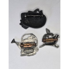 Vintage Birds & Blooms Pewter Pin Set Noahs Ark Watering Can Bird Brooches 3pc
