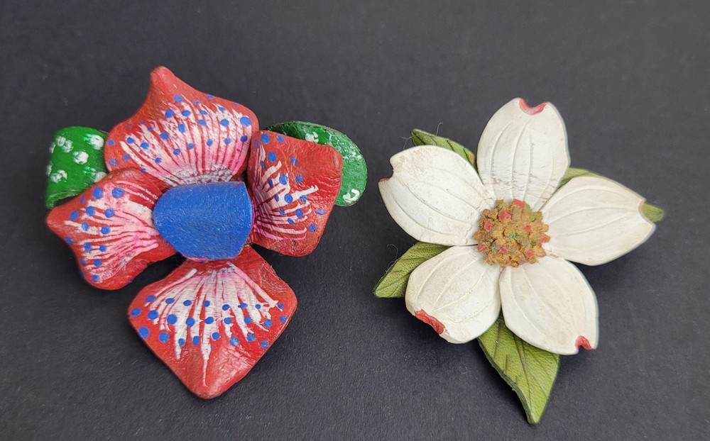 Leather Flower Brooches From Canada Dogwood Wildflower Lot of 2