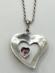 Sterling Silver Marcasite Double Heart Pink CZ Pendant and 16″ Rope Necklace