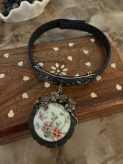 Sterling Silver Vintage Porcelain Leather Choker Statement Necklace