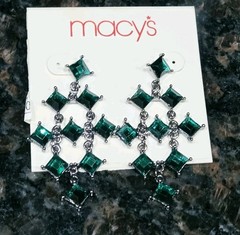 Green Rhinestone Earrings Dangle Silver tone Boho 80’s style Macy’s Vintage 2 in