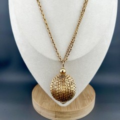Vintage Ball Necklace Perforated Sphere Pendant Multi Strand Chain Gold Tone 23”