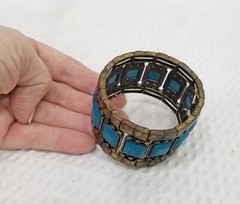 Vintage Boho Tribal Solid Brass & Teal Acrylic Inserts Stretch Bracelet