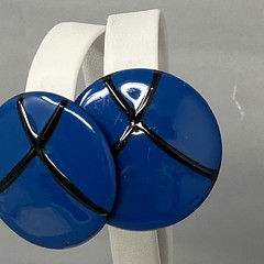 Retro Stud Button Earrings Royal Blue Black Enamel 1980s Pierced Round Vintage