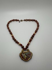 VNT Les Bernard Sterling Silver Jasper Carnelian Cloisonne Bird Necklace JB19