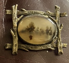 Antique Victorian Framed Etched Rustic Shazar Moss Agate Date 1908 Brooch Silver