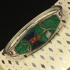 MOP Floral Cuff Bracelet Mother of Pearl Other Inlay Signed Alpaca Mexico Small