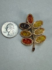 Vintage Chinese Resin Cabochon Leaf Brooch Gold Tone Asian Figural Pin