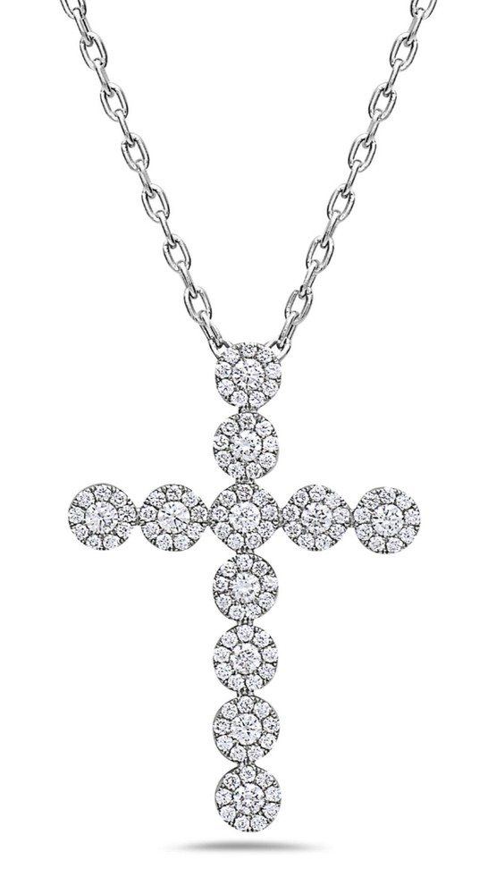 ESTATE .99CT DIAMOND 18KT WHITE GOLD 3D MULTI FLOWER CROSS FLOATING PENDANT