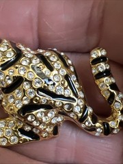 Vintage Articulated Bracelet & Broach Green Eyed Tiger 8″ w/ Rhinestones #JC9