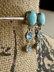 Vintage turquoise cabochon with blue crystals dangle drop clip-on earrings