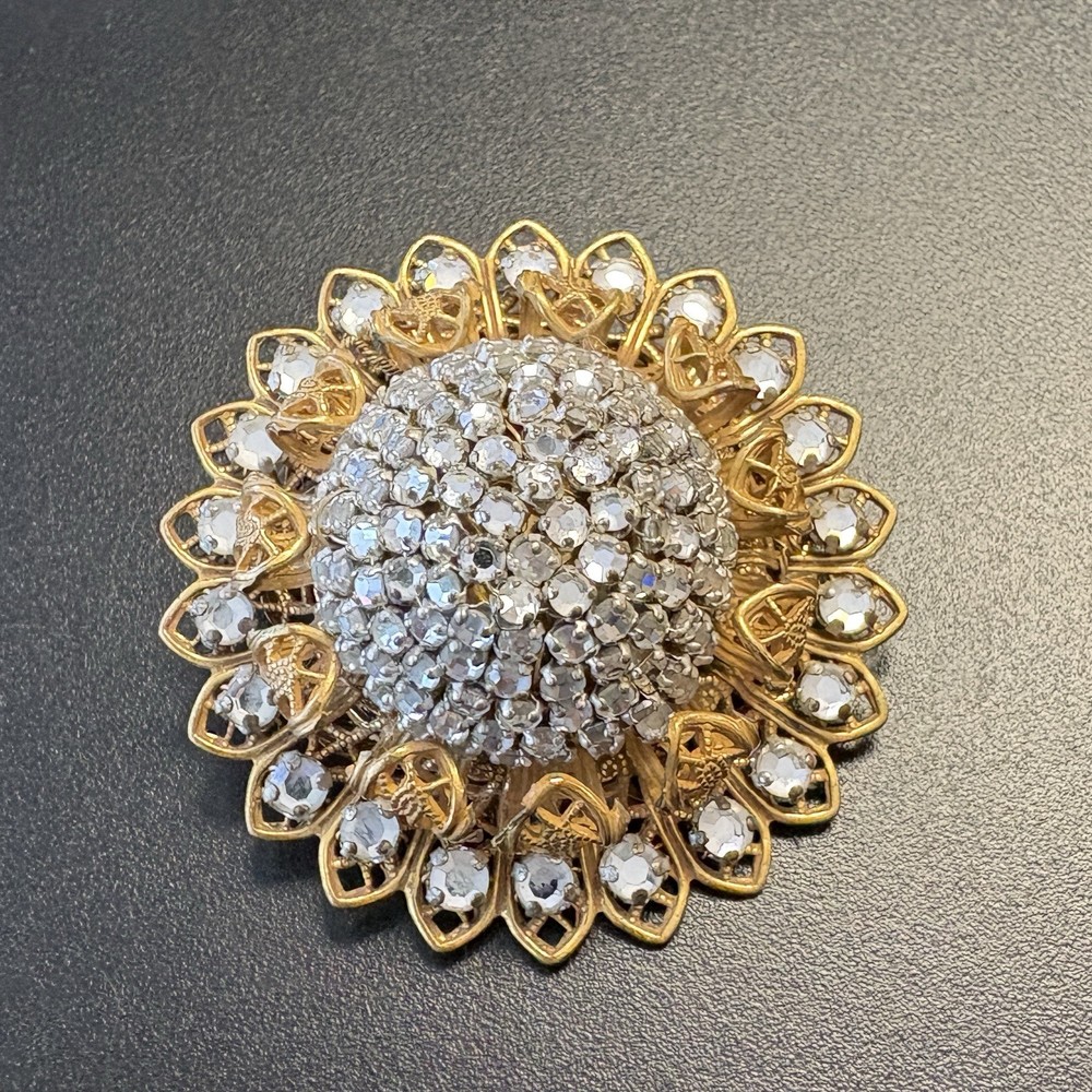 1950s MIRIAM HASKELL Rhinestone Gold tone Domed Flower Filigree Brooch