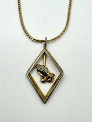 Vintage 60’s Gold Tone Prayer Praying Hands Diamond Shape Pendant Necklace MCM