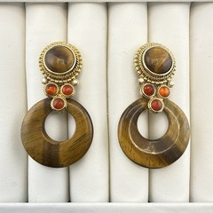 RJ Graziano Necklace Earrings Set Tigers Eye Carnelian Boho Cabochon Gold Tone