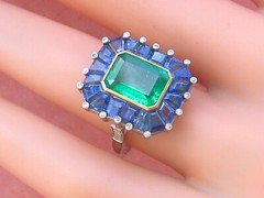 ESTATE ART DECO 2.30 ct EMERALD 4 ctw SAPPHIRE DIAMOND PLATINUM COCKTAIL RING
