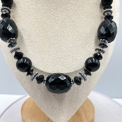 Vintage Black Faceted Acrylic Bead Statement Necklace Silver Tone Accents Bold