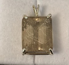 Gold Rutilated Quartz Penant Faceted Emerald Cut Four Prong Setting