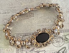 Vintage Necklace Brooch Bracelet 4 Piece Lot Black Rhinestones 60s – 90s