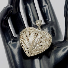 Heart Open Metal Southwestern Style Silver Plated Filigree Puffy Puffed Pendant