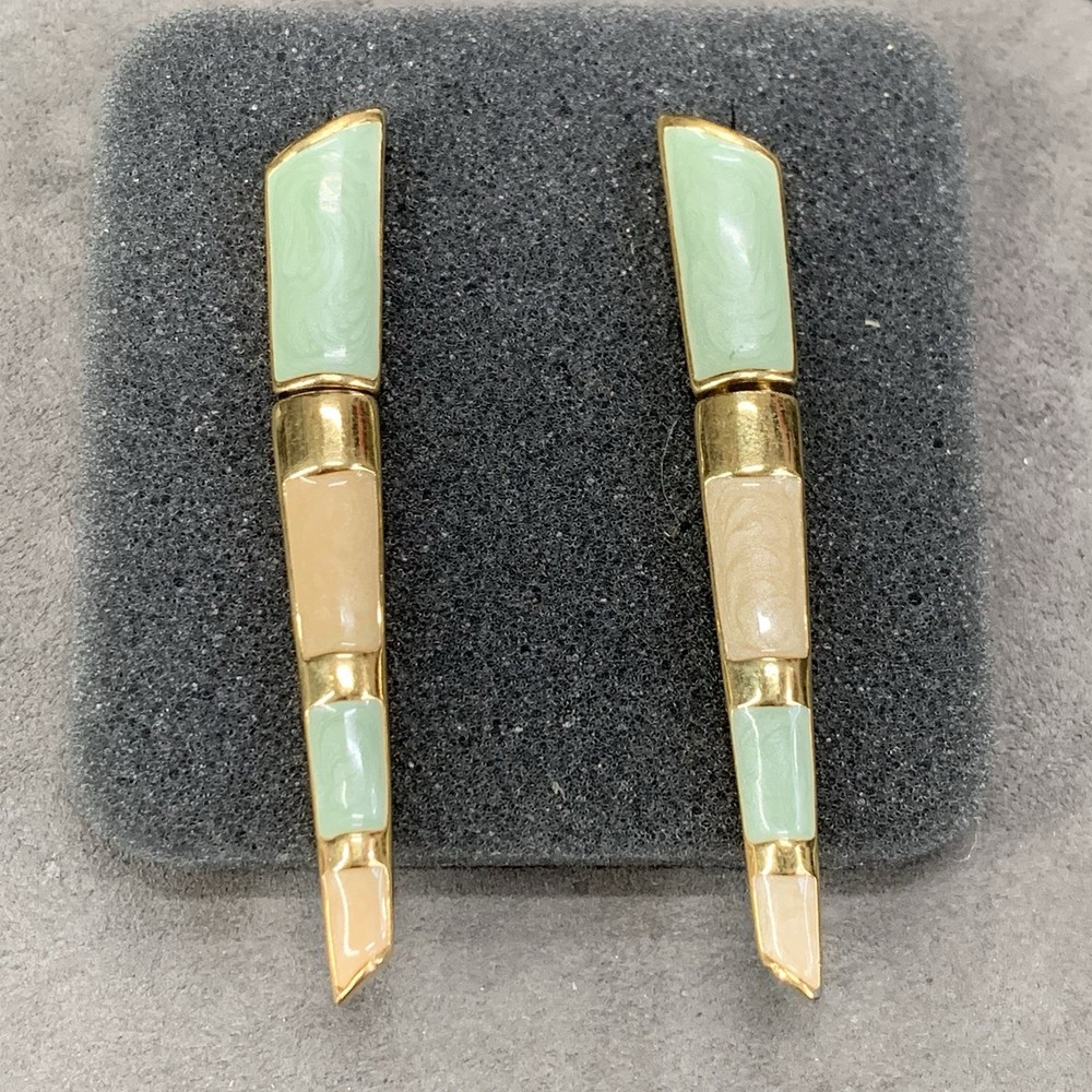 Vintage Trifari Clip On Hinged Dangle Earrings Gold Tone Enamel Art Deco
