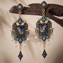 Vintage European Painted Bird Floral Enamel Drop Earrings Pearl Gold Victorian