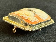 Antique 14K White Gold Shell Cameo Brooch Diamond Filigree Frame 30mm 11.4g