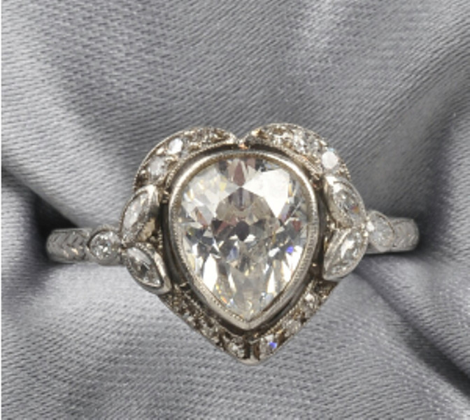 Vintage Style 2CT Bezel Pear Cut Lab Created Diamond Art Deco Ring 14K Gold Over