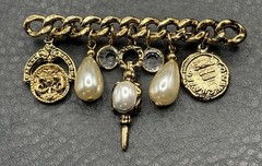 Vintage Gold Tone Charm Brooch Pearl Crystal Stations Coin Medallion Dangles