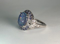 Estate Black AUSTRALIAN RAINBOW FIRE OPAL & Tanzanite Topaz Sterling Silver Ring