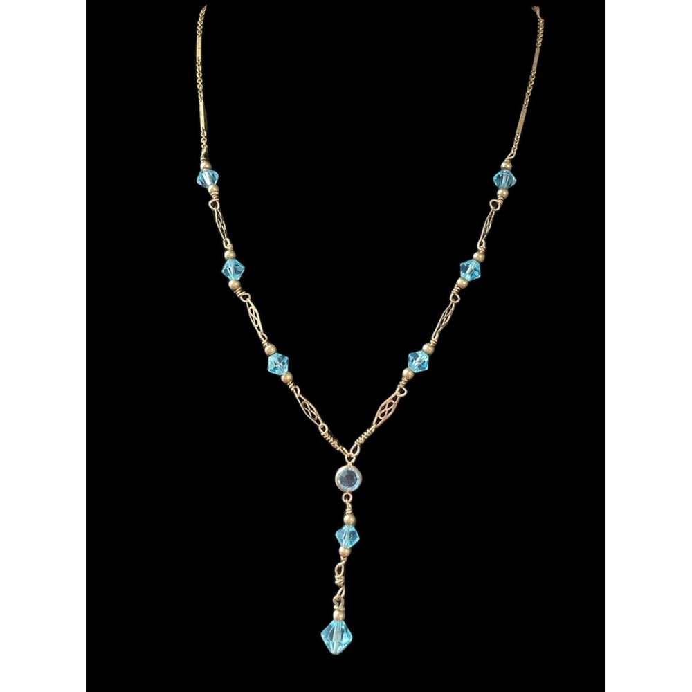Vintage Gold Filled Blue Crystal Lavalier Lariat Beaded Necklace 20.25”