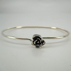 Sterling Silver Rose Bangle Charm Bracelet Flower Design Stacking Vintage NOS
