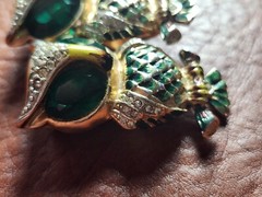 Vintage Coro Green Glass & Enamel Duette Owl Pin With Earrings