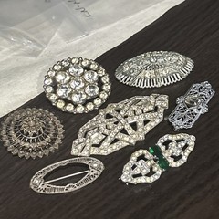 7 OLD ANTIQUE VICTORIAN MIXED METALS RHINESTONE FILIGREE PINS BROOCH