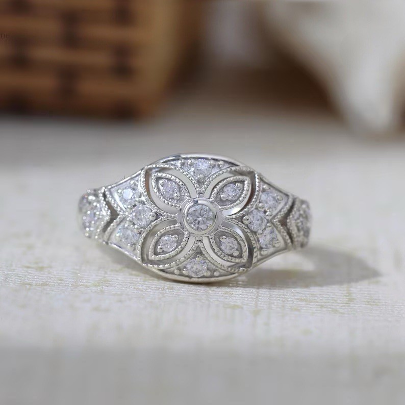 Vintage Art Deco Round Moissanite Floral Style Milgrain Engagement Dome Ring
