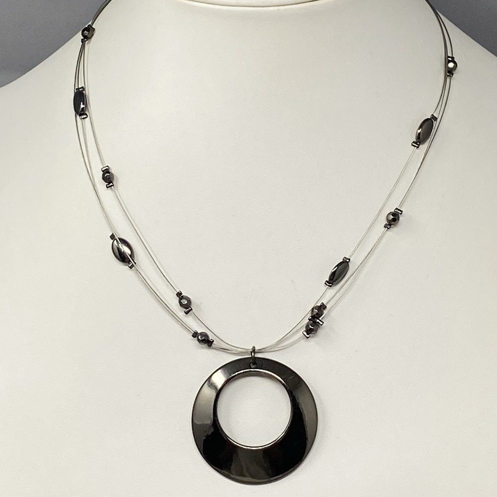 Designer Multi Strand Pendant Necklace Memory Wire Large Round Pendant NY 16″